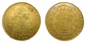 Carlos IV (1788-1808). 1804 JJ. 8 escudos. Santa fe de Nuevo Reino. (AC.1744). 27,07 gr. Au 
MBC