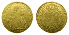 Carlos IV (1788-1808). 1805 JJ. 8 escudos. Santa fe de Nuevo Reino. (AC.1746). 27,08 gr. Au. Mínimas grietas de acuñación.
MBC