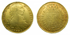 Carlos IV (1788-1808). 1793 DA. 8 escudos. Santiago. (AC.1758). 26,96 gr. Au. Rayitas de ajuste en anverso. Busto de Carlos III. Ordinal IIII.
MBC