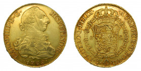 Carlos IV (1788-1808). 1798 DA. 8 escudos. Santiago. (AC.1764). 26,98 gr. Au. Leves rayita de ajuste en reverso.
MBC