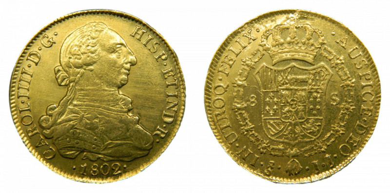 Carlos IV (1788-1808). 1802 JJ. 8 escudos. Santiago. (AC.1770). 26,96 gr. Au. Bu...