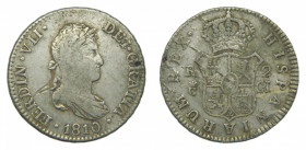 Fernando VII (1808-1833). 1810 CI. 2 reales. Cadiz. Marca de ceca pequeña. (AC.723). 5,81 gr Ar.
MBC-