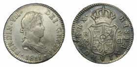Fernando VII (1808-1833). 1811 CI. 2 reales. Cadiz. Marca de ceca grande. (AC.7726). 5,87 gr Ar. Hojita en reverso.
MBC