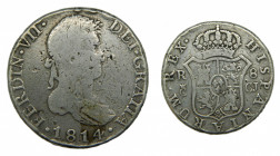 Fernando VII (1808-1833). 1814 CJ. 8 reales. Cadiz (AC.1154). 26,01 gr Ar. Golpes y marcas.
BC-