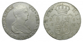 Fernando VII (1808-1833). 1809 CN. 8 reales. Sevilla (AC.1412). 26,63 gr Ar. Busto desnudo. Leve oxido en reverso. 
EBC