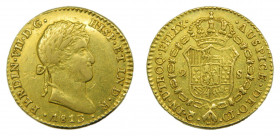 Fernando VII (1808-1833). 1813 CJ. 2 Escudos. Cadiz (AC.1583). 6,61 gr. Au. Marca de ceca grande, Busto laureado.
MBC