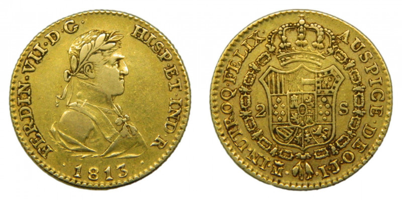 Fernando VII (1808-1833). 1813 IJ. 2 Escudos. Madrid (AC.1609). 6,71 gr. Au.
MB...