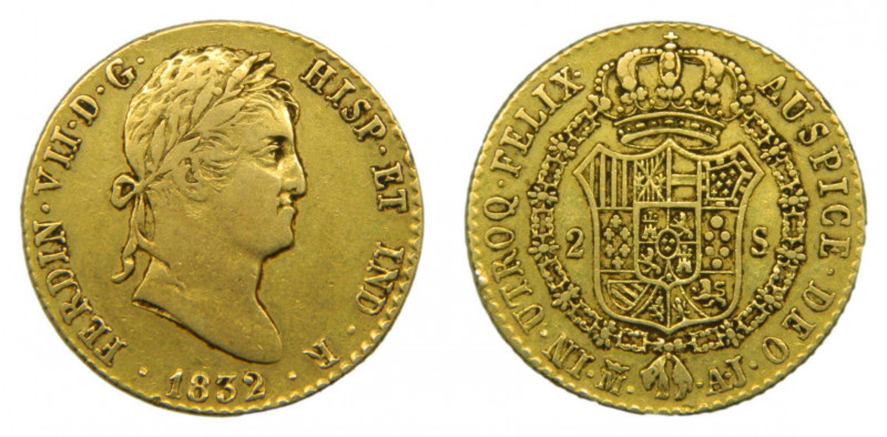 Fernando VII (1808-1833). 1832 AJ. 2 Escudos. Madrid (AC.1639). 6,74 gr. Au.
MB...