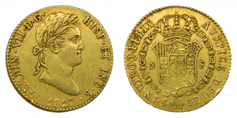 Fernando VII (1808-1833). 1827 JB. 2 Escudos. Sevilla (AC.1685). 6,75 gr. Au
MB...