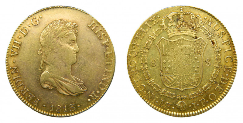 Fernando VII (1808-1833). 1813 JP. 8 Escudos. Lima (AC.1760). 27,1 gr. Au. Busto...