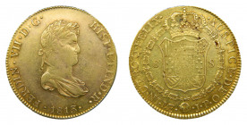 Fernando VII (1808-1833). 1813 JP. 8 Escudos. Lima (AC.1760). 27,1 gr. Au. Busto laureado y drapeado pequeño.
MBC