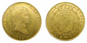 Fernando VII (1808-1833). 1820 GJ. 8 Escudos. Madrid (AC.1776). 26,98 gr. Au. Con punto delante de AUSPICE. Sin punto entre los ensayadores. Brillo or...