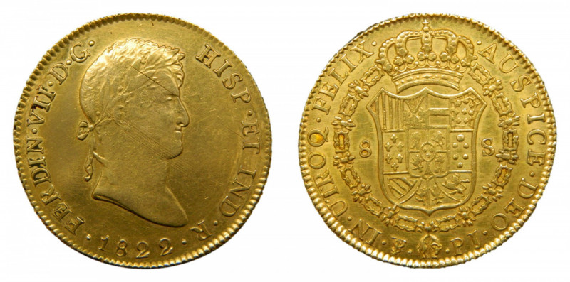 Fernando VII (1808-1833). 1822 PJ. 8 Escudos. Potosí (AC.1826). 27,04 gr. Au. Ra...