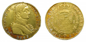 Fernando VII (1808-1833). 1808 FJ. 8 Escudos. Santiago. (AC.1860). 27,17 gr. Au. 2 golpecitos en canto, restos de brillo original. Escasa.
MBC+