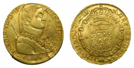 Fernando VII (1808-1833). 1811 FJ. 8 Escudos. Santiago. (AC.1865). 26,94 gr. Au. Rotura de cuño, hojitas an anverso.
MBC-