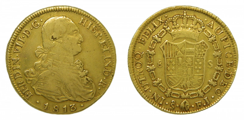 Fernando VII (1808-1833). 1813 FJ. 8 Escudos. Santiago. AUPICE - ERROR DE LEYEND...