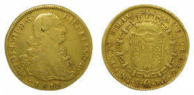 Fernando VII (1808-1833). 1813 FJ. 8 Escudos. Santiago. AUPICE - ERROR DE LEYENDA. (AC.1870). 26,97 gr. Au. Hojita en anverso. Rara.
MBC-