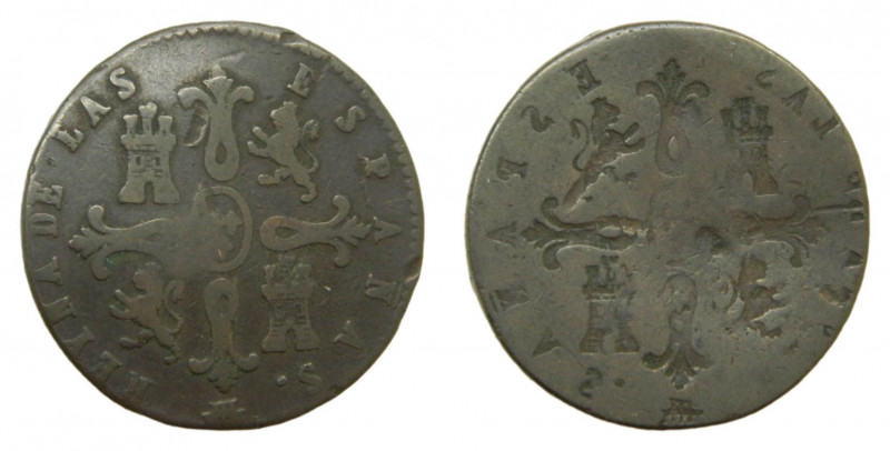 Isabel II. (1833-1868) 8 Maravedís. Segovia. Ae. INCUSA. Error dos reversos.
BC...