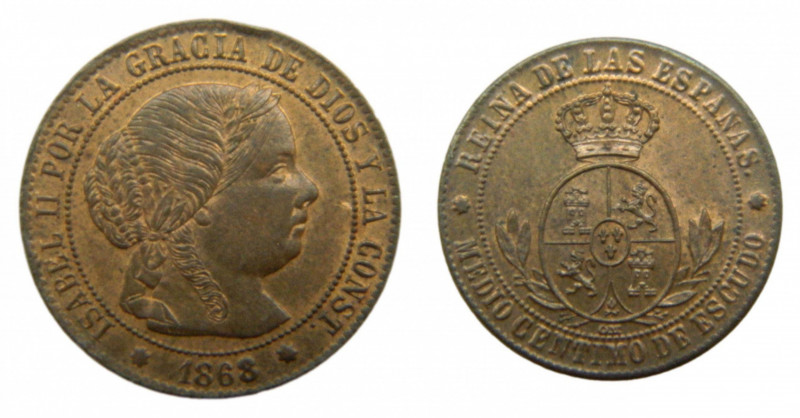 Isabel II. (1833-1868) 1868. 1/2 Céntimo de Escudo. Sevilla. (AC 212). Ae.
SC