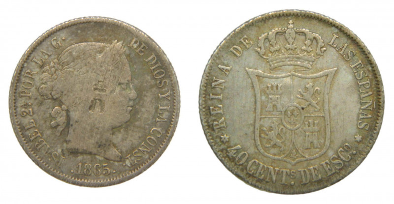 Isabel II (1833-1868). 1865. 40 Céntimos de escudo. Madrid. (AC 500). Curioso re...