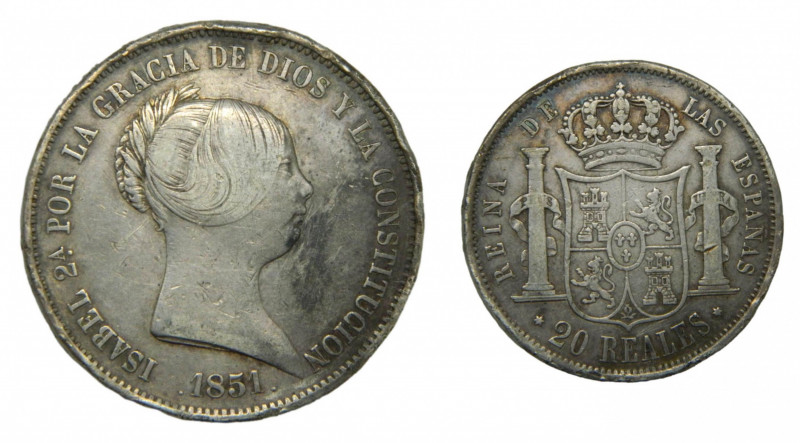 Isabel II (1833-1868). 1851. 20 reales. Madrid. (AC.593). 26,09 gr. Ar. Golpes y...