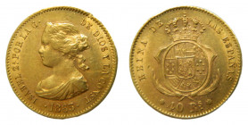 Isabel II (1833-1868). 1863. 40 reales. Barcelona. (AC.677). 3,37 gr. Au. Marquita en canto.
MBC+