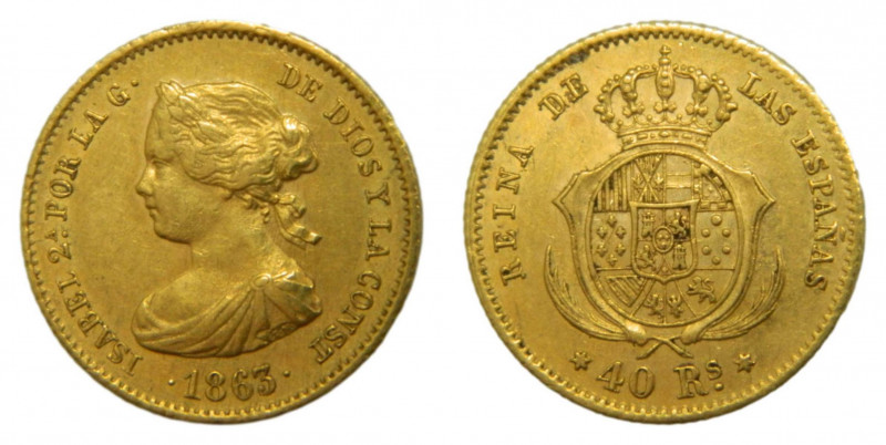 Isabel II (1833-1868). 1863. 40 reales. Madrid. (AC.682). 3,36 gr. Au.
MBC