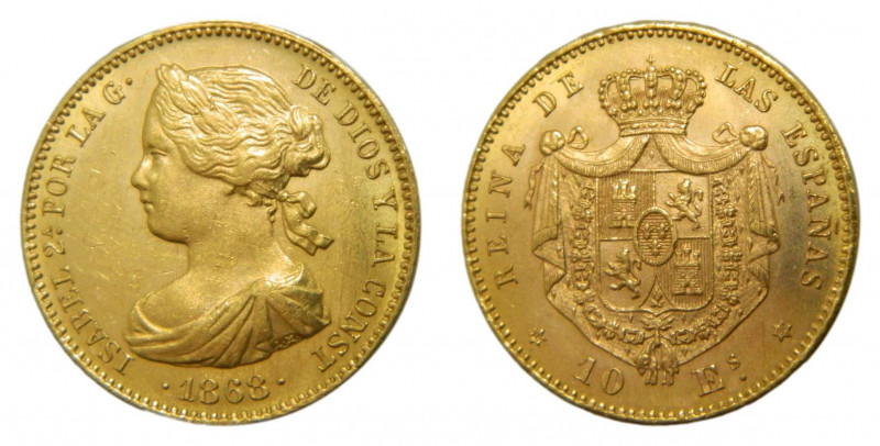 Isabel II (1833-1868). 1868 * 18-68. 10 escudos. Madrid. (AC.815). 8,32 gr. Au. ...