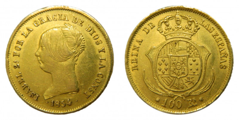 Isabel II (1833-1868). 1854. 100 reales. Sevilla. (AC.795). 8,38 gr. Au. 
MBC