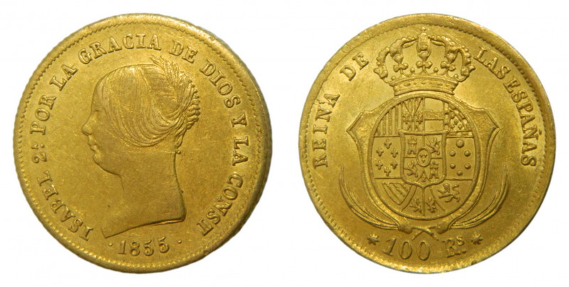 Isabel II (1833-1868). 1855. 100 reales. Sevilla. (AC.796). 8,39 gr. Au. 
MBC+