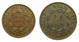 Isabel II. 1833-1868). Filipinas. 1859. 80 Reales. Prueba no adoptada. París. Essai. 80 Reaux (AC 269); (KM Pn7). Ae. Rarísima. 
EBC