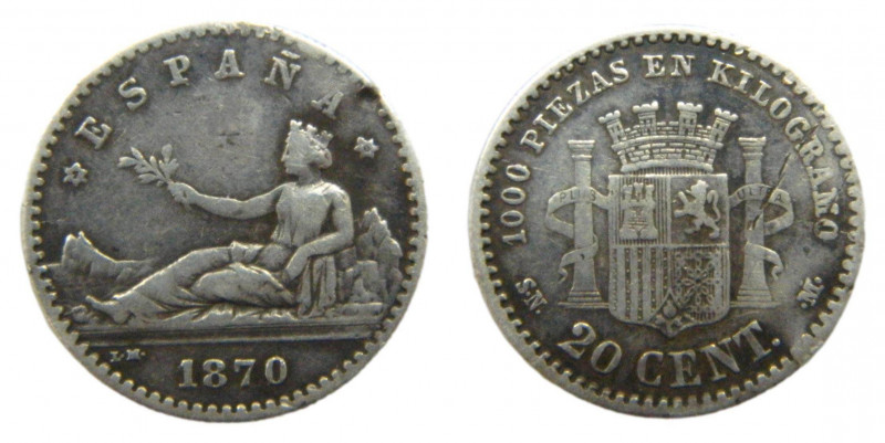 Gobierno Provisional (1868-1871). 1870 * 7-0. SNM. 20 céntimos. Madrid. (AC.12) ...