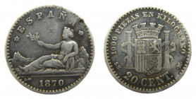 Gobierno Provisional (1868-1871). 1870 * 7-0. SNM. 20 céntimos. Madrid. (AC.12) Ar. Leve defecto en anverso, rayitas en reverso.
BC