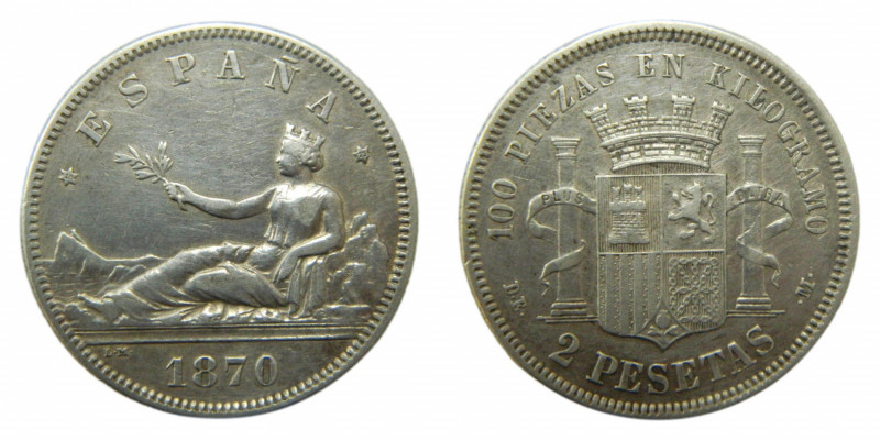 Primera República (1873-1874) 1870 * 18-73. DEM. 2 pesetas. Madrid. (AC.28) Ar....