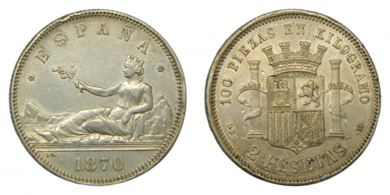 Primera República (1873-1874) 1870 * 18-74. DEM. 2 pesetas. Madrid. (AC.31) Ar....