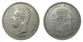 Amadeo I (1871-1873). 1871 *18-73. DEM. 5 pesetas. (AC.3). 24,74 gr. Ar. 
MBC
