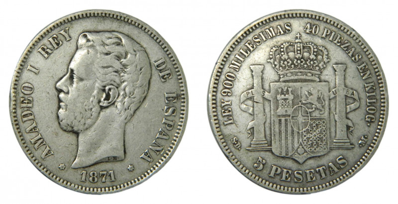 Amadeo I (1871-1873). 1871 *18-18. SDM. 5 pesetas. (AC.2). 24,7 gr. Ar. 
MBC-