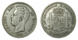 Amadeo I (1871-1873). 1871 *18-18. SDM. 5 pesetas. (AC.2). 24,7 gr. Ar. 
MBC-