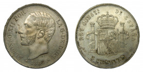 Alfonso XII (1874-1885). 1885 *18-87. MPM. 5 pesetas. Madrid. (AC.63) Ar. Brillo original, leve golpecito en canto.
EBC