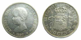 Alfonso XIII (1886-1931). 1892/82 *9-2. PGM. 50 céntimos. Madrid. (AC.28). 2,52 gr. Ar.
EBC