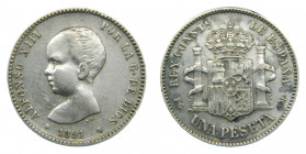 Alfonso XIII (1886-1931). 1891 *18-91. PGM. 1 peseta. Madrid. (AC.53). 5,07 gr. Ar
MBC