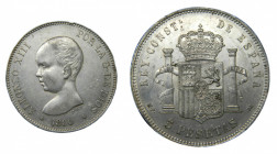 Alfonso XIII (1886-1931). 1890 *18-90. MPM. 5 pesetas. Madrid. (AC.95). 24,9 gr. Ar. Leve golpecito en canto.
EBC-