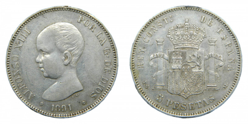 Alfonso XIII (1886-1931). 1891 *18-91. PGM. 5 pesetas. Madrid. (AC.98). 24,94 gr...