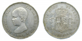 Alfonso XIII (1886-1931). 1891 *18-91. PGM. 5 pesetas. Madrid. (AC.98). 24,94 gr. Ar
MBC+