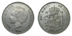 Alfonso XIII (1886-1931). 1894 *18-94. PGV. 5 pesetas. Madrid. (AC.104). 24,91 gr. Ar. Finitas rayitas.
MBC