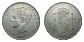 Alfonso XIII (1886-1931). 1897 *18-97. SGV. 5 pesetas. Madrid. (AC.107). 24,86 gr. Ar.
MBC