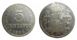 Alfonso XIII (1886-1931). 1896. PGV. 5 Centavos. Puerto Rico. (AC.124). 1,28 gr. Ar. Golpecito en canto.
MBC