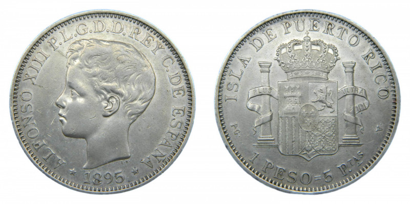 Alfonso XIII (1886-1931). 1895. PGV. 5 Pesetas / Un Peso. Puerto Rico. (AC.128)....