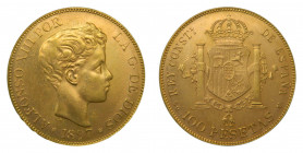 Estado Español. Franco. 1897 *19-62. 100 Pesetas. Madrid (AC.178). 32,28 gr Au. Reacuñación oficial. Ligeras marquitas. Brillo original.
SC-