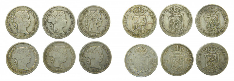 Lote 6 monedas Isabel II. Varios años y valores. A catalogar. Ar. 4 reales, 20 c...